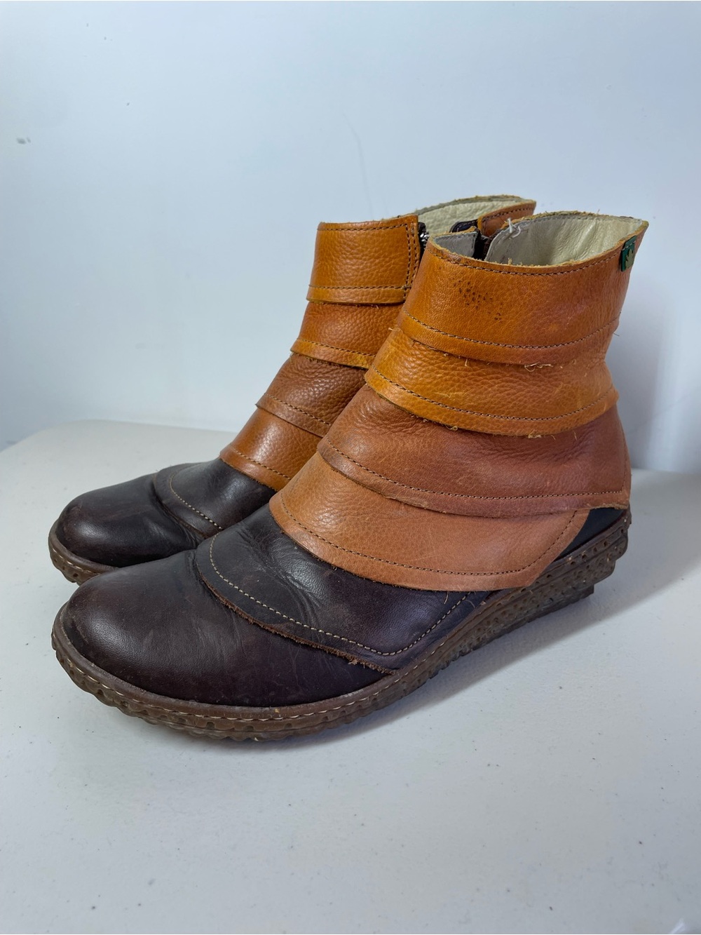 El Naturalista Recyclus Brown Leather Ankle Boots EU 40 Boho Artisan Lagenlook